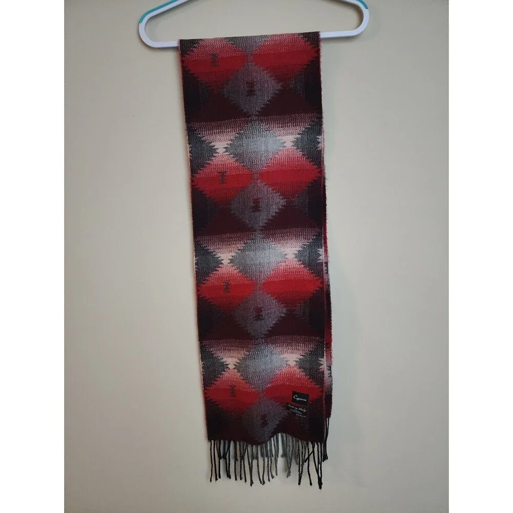 Cejon Scarf Made in Italy Tribal Geometric Pattern Grey Red Fringe 10.5